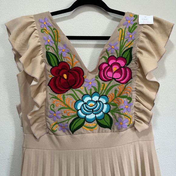 Flowers by Zoe Dresses & Skirts - Women’s Embroidered Dress Tan Floral Pleated Sleeveless M